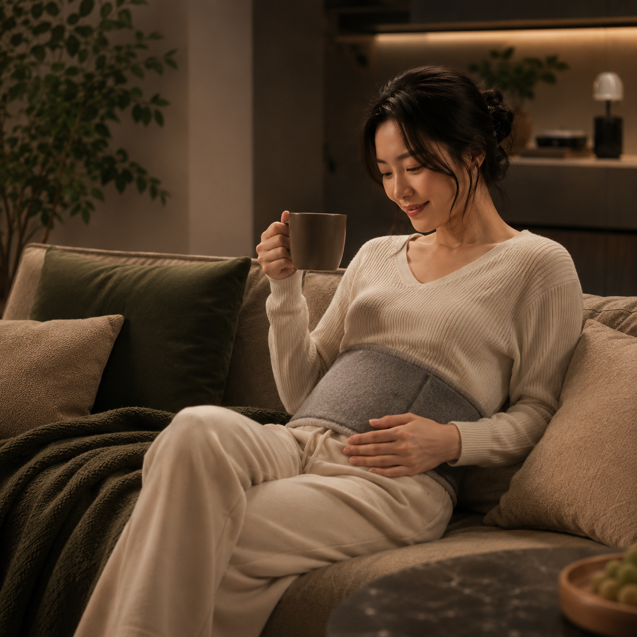 A woman relaxing at home with a soft waist comfort wrap