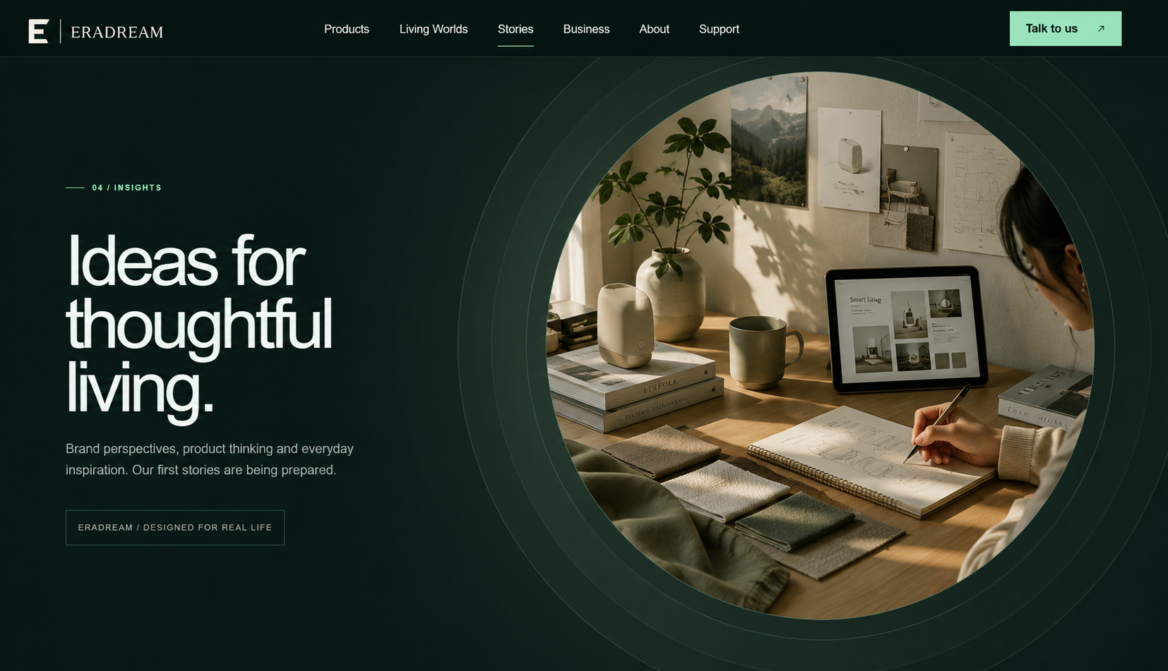 A warm editorial workspace for product thinking and intelligent living stories