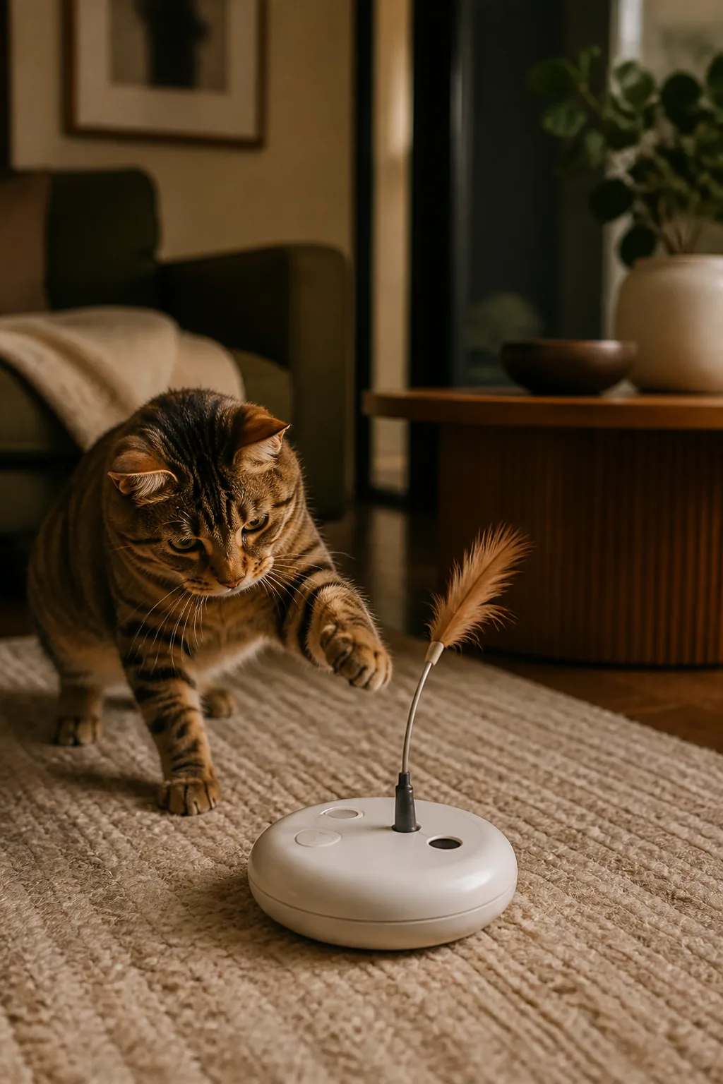 A cat engaging with an interactive pet product