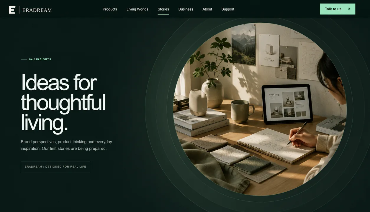 A warm editorial workspace for product thinking and intelligent living stories